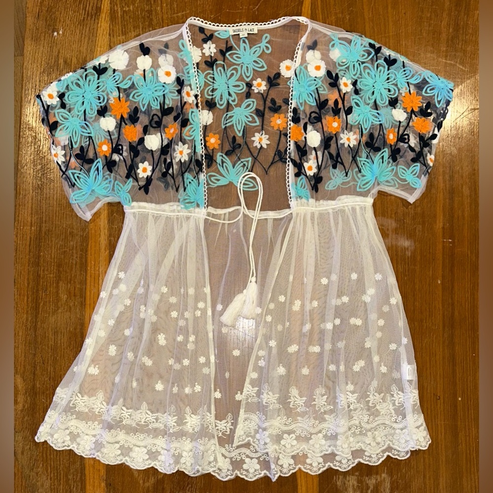 Elegant Sheer Floral Embroidered Blouse cream blue orange floral design